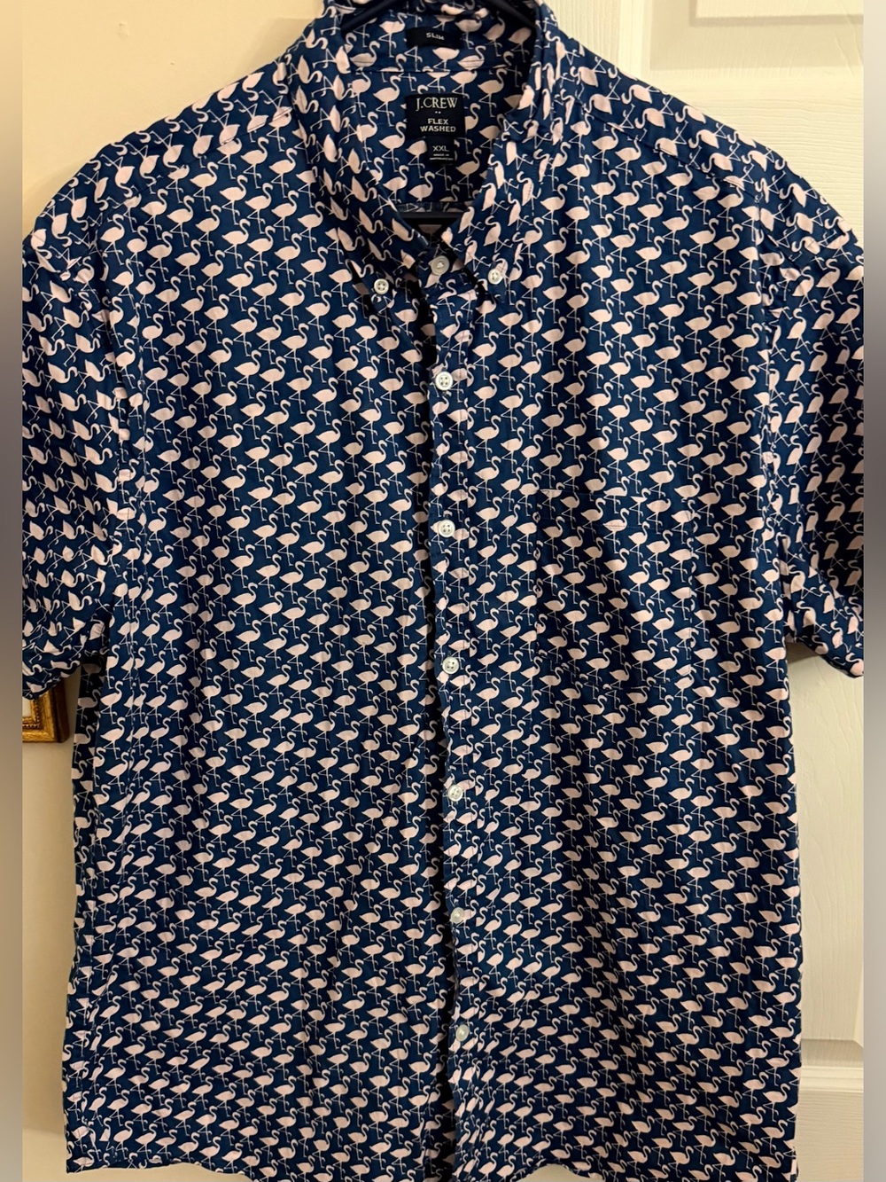 J. Crew Navy Short-Sleeve Button-Down with Light Pink Flamingo Print Sz 2XL